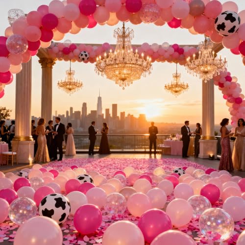 Image of 100Pcs Cowgirl Balloons, Hot Pink Light Pink Confetti Cow Print Balloons | 12 Inch Pink Cow Print Latex Balloon for Western Rodeo Farm Birthday Party Baby Shower Gender Reveal Party Decorations