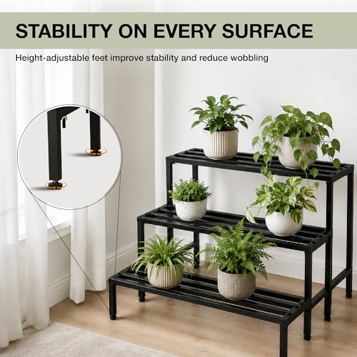 Image of Robustt Set of 3 Metal Balcony Plant Stands for Outdoor Plants Big Size | Rustproof Matte Powder-Coated Garden Stands for Pots | Adjustable Feet | Garden Stands for Pots in Balcony & Terrace