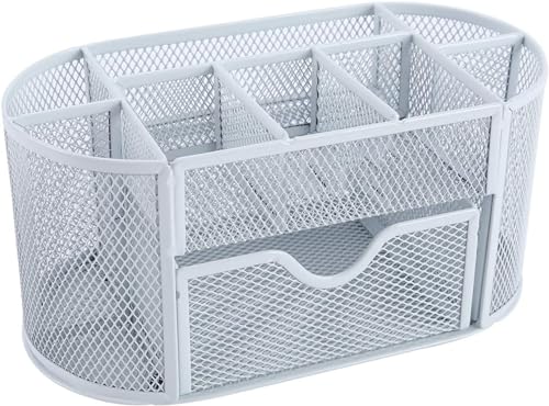 earetah Schreibtisch Organizer, Mesh Metall Büro-Organizer mit Schublade und Stifthalter, 9 Sortierfächer für Stifte, Hefter, Ordnerklammern, Haftnotizen, Platzsparendes Desk Organizer (Silber)