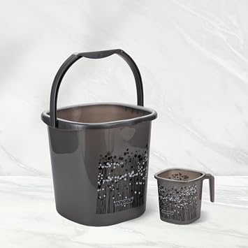 Nayasa Plastic Funk Sqr 2Pcs Bathroom Set | Bucket 25 L + Mug 1.5 L | Bathroom Set | Bath Set for Bathroom | Black