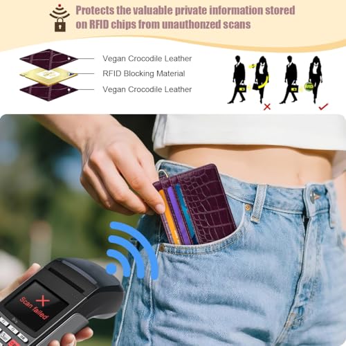 Image of Slim Credit Card Holder Crocodile Wallet Women Thin Wallets | Alligator Print RFID Blocking Minimalist Lightweight Pocket Small Cute Cards Holders ID Window, Plum Croc