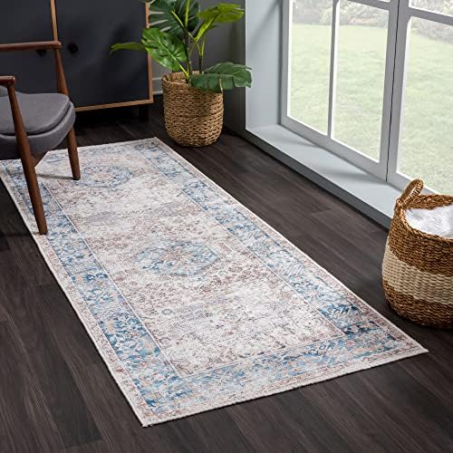 Bloom Rugs Caria Washable Non-Slip 10 ft Runner - Beige/Ocean Blue Runner for Entryway, Hallway, Bathroom and Kitchen - Exact Size: 2'6" x 10'