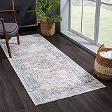 Bloom Rugs Caria Washable Non-Slip 12 ft Runner - Beige/Ocean Blue Runner for Entryway, Hallway, Bat