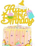 Ice-cream Cake Topper Dripping Ice Cream Decoration Glitter gold Melting Popsicle Toppers for Girls Boys Kids Sweet Summer Theme Happy Birthday Decorations Party Supplies for Baby Shower