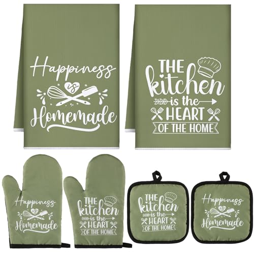 Sratte 6 Pcs Kitchen Decor Accessories Set Farmhouse Towels Pot Holders Oven Mitts Set 2 Dish Towels 2 Potholders 2 Cooking Mittens Oven Glove for Christmas Baking Cooking Supply(Green,Kitchen)