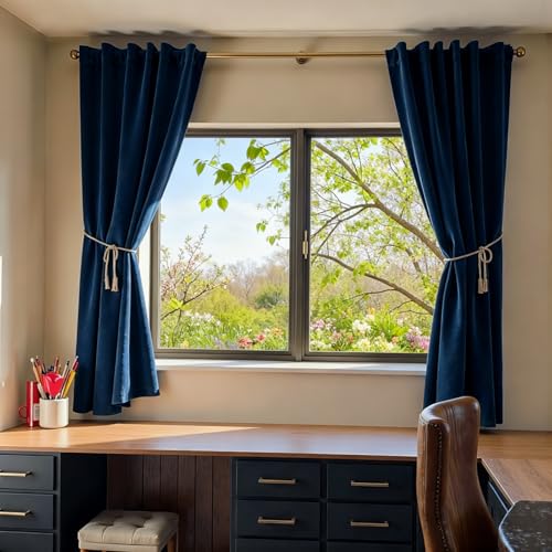 Image of Blackout Dark Blue Velvet Curtains Rod Pocket 52x72 Inch 2 Panels | Soft Velvet, For Small Windows, Kitchens & Bathrooms, Light Shifting Texture, Elegant Drape, Classic, Luxury