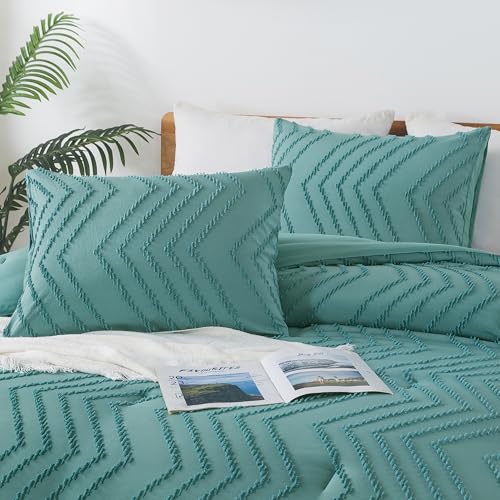 Image of Andency Grayish Teal Comforter Set Full Size, Boho Soft Warm Bedding Comforter Sets for Full Bed, 3 Pieces Vintage Chevron Tufted Aesthetic Comforter Set