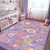 RELEANY Floral 5x7 Area Rug Machine Washable Soft Print Boho Carpet Non Slip Doormat Low Pile Flower Area Rugs for Living Room Bedroom Nursery Kitchen Dining Room Indoor-Purple/Pink/Multi