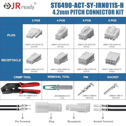 Image of JRready ST6490-ACT Mini-Fit Jr. 2 4 6 8 Pin Connector kit, w /PremiumGrade Crimp Tool, Terminal Pin 18-24 AWG, Molex Extraction Tool, Compatible with Molex Mini-Fit Jr. Connector, 4.2mm Pitch, 446 Pcs