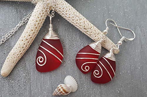 YInahawaii HandmadeTop Wire Wrapped Ruby Red \"July Birthstone\" sea glass Necklace+Earrings Set, (Hawaii Gift Wrapped, Customizable Gift Message) (Non-Personalized) - Thumbnail 6
