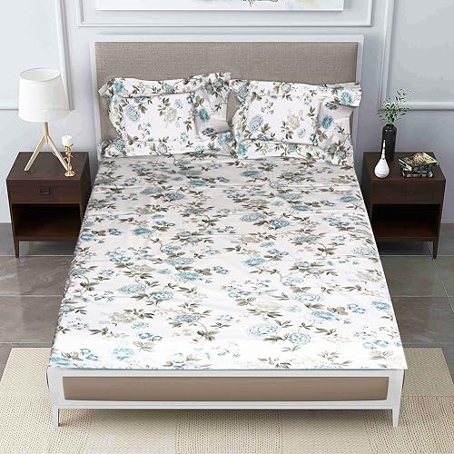 Image of Pure Source India Pure Cotton Elegance Bedding Set, Dreamy Cotton Comfort Double Bed Sheet with Pillow Covers (Ivory Green Blue Flora)