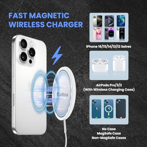 Image of Elfora 15W MagSafe Wireless Magnetic Charging Pad | Compatible for iPhone 16|16 Pro|16 Plus|16 Pro Max|15|15 Pro|15 Plus|15 Pro Max|14|14 Pro|14 Plus|14 Pro Max|13|12 and All Qi Devices (White)
