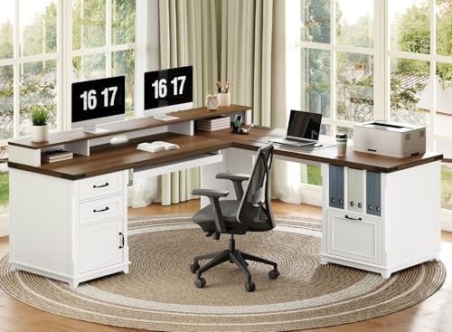 RALGEND Farmhouse 69' Executive L Shaped Desk with Drawer, Home Office Desk with Charging Station...