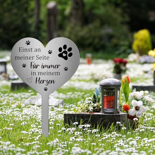 Photect Grabschmuck Wetterfest für Hund Katze Tiere Grabstecker Metall Herz mit Spruch Einst an Meiner Seite,für Immer in Meinem Herzen Grab Deko Grabstein Hund Haustier Gedenktafel Katze