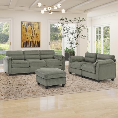 HAOMARKETS Corduroy Sofa Set, Upholstered Ottoman, Loveseat, and 3-Seater Couch with Plush Cushions and Rolled Arms, Modern Living Room Furniture Sets,Green
