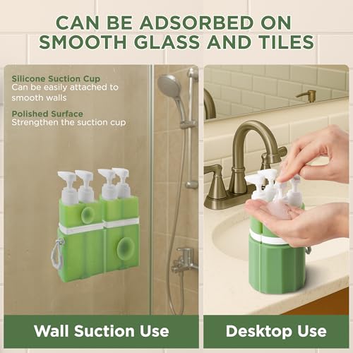 4-in-1 Travel Bottles for Toiletries, TSA Approved Travel Size Toiletries, Leak Proof Refillable Travel Size Shampoo and Conditioner Sets with Wall-Mountable Suction Cup, Green3