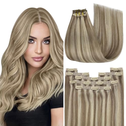 YoungSee Clip in Hair Extensions Real Human Hair 14inch 120g Human Hair Extensions Clip in Light Brown Highlights with Platinum Blonde Real Clip in Extensions for Beginners Silky 7pcs Natural Blend