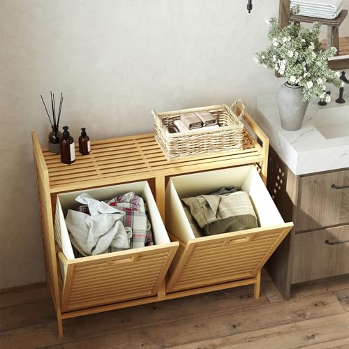 LIFEZEAL Panier à Linge 2 Compartiments en Bambou avec 2 Sacs Amovibles – vue 2