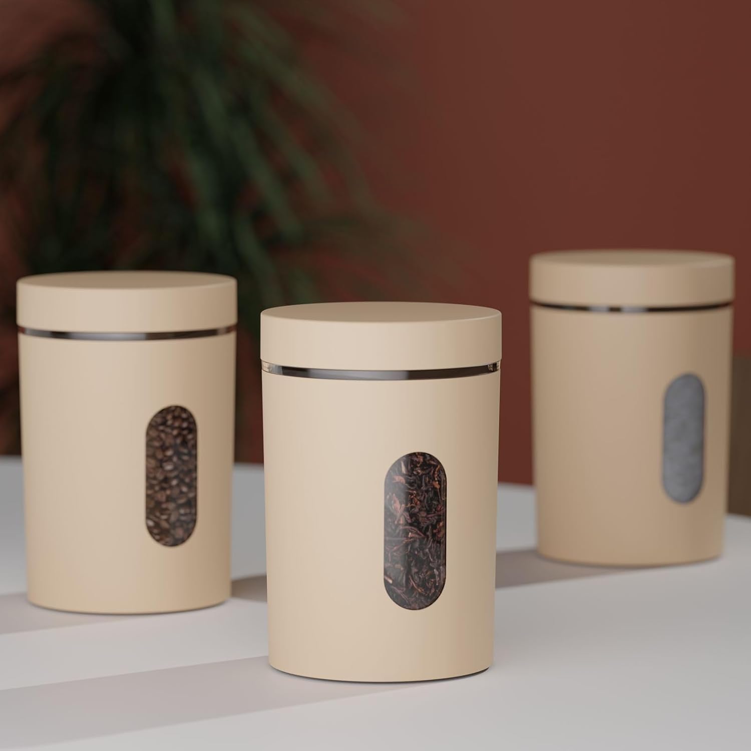 3 Piece Kitchen Storage Canisters Set, 700ml, Beige Plastic with Viewing Window, Airtight Lids for Coffee Tea Sugar, Modern Style, Peach (Peach)
