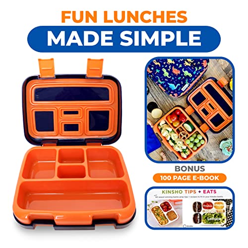 Image of Dinosaur Bento Lunch Box for Boys Toddlers, 5 Portion Sections Secure Lid, Microwave Safe BPA Free Removable Plastic Tray, Pre-School Kid Daycare Lunches Snack Container Ages 3 to 7 Blue Orange