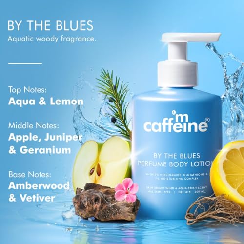 Image of mCaffeine 5% Niacinamide & Glutathione for Brightening & Detan By The Blues Perfume Body Lotion 300ml | | Aquatic-Woody Fragrance | 72H Moisturization| Daily Use Summer Cream Bodylotion for Men & Women | Dry Skin