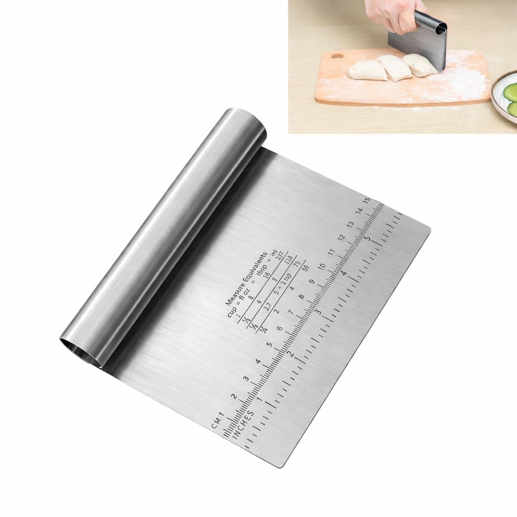 Dough Scraper, Stainless Steel Pastry Cutter, Pastry Scraper with Handle and Measuring Scale, Kitchen Bowl Scraper, Dough Cutter for Pizza, Pastry, Bread Baking & Cake Decoration