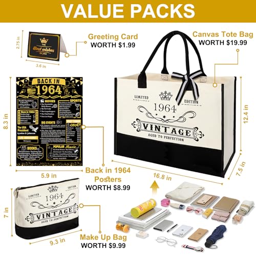 Image of 62nd Birthday Gift for Women-Vintage 1964 Canvas Tote Bag,Makeup Bag,Poster