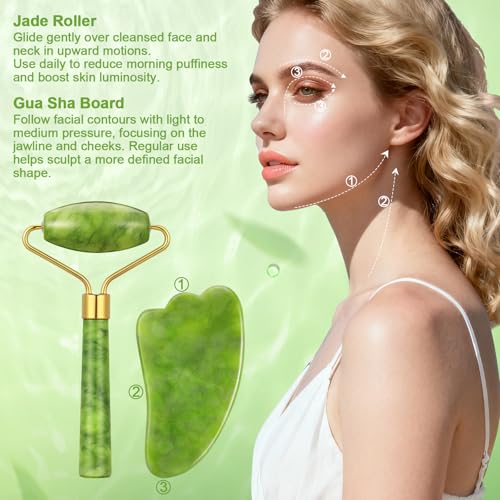 HairChrysm 6Pcs Jade Roller for Face,Gua Sha Facial Tools for Women Natural Face Roller Massager Tool for Skincare, Makeup