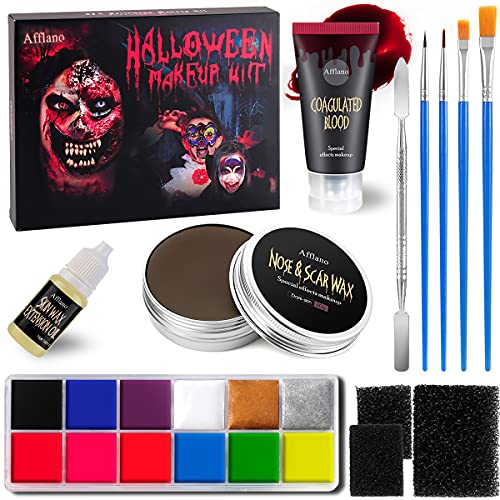 Special Effects FX Halloween Makeup Set,Afflano Nose & Scar Wax 60g+Coagulated Blood+Stipple Sponge3+Spatula+Skin Wax Extension Oil,Festival Stage Theatrical Wound Modeling Scar-for Black Skin-12 Kit