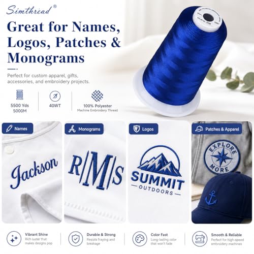 Image of Simthread 5500Yds 40WT Polyester Embroidery Thread Royal Blue S068 | Large 5000M spool feeds smoothly for home and commercial embroidery machines.