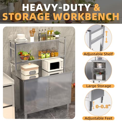 Image of 40''x20'' Stainless Steel Commercial Worktable, Kitchen Prep Table Steel Countertop with Adjustable Tier & Cabinet Shelf Work Table Workbench for Home Restaurant