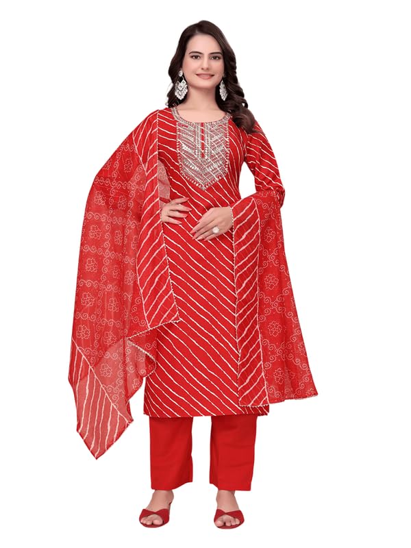 Women Rayon Printed Leheriya Kurta Pant Dupatta Set | Embroidered Straight Kurti with 3/4 Sleeves | Stylish Ethnic Wear for Office & Casual Occasions-picture-19