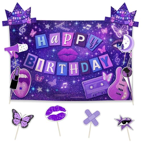 Allenjoy Purple Dream Girls Music Birthday Party Supplies Sets - 1pc 59" x 35" Backdrop, 2pcs Paper Headwear, 8pcs Photo Booth Props