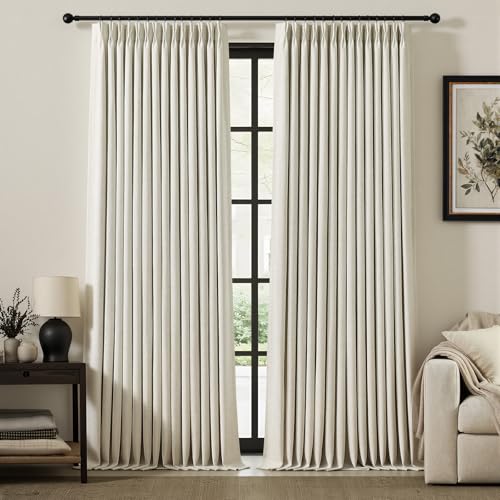 IVAPUPU Linen Pinch Pleated Blackout Curtains for Bedroom - 100% Black Out Natural Curtains 102 Inch Long 2 Panel for Living Room Darkening Thermal Insulated Thick Window Drapes with 16pc Hooks