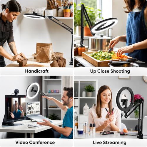 Image of BROLAVIYA Upgraded No Shadow Overhead Video Mobile Stand with 10inch Selfie Ring Light, Metal Arm,1 /4 inch Adaptor for Camera, GoPro and Flexible Mobile Bracket for Desktop, Bedroom, Office