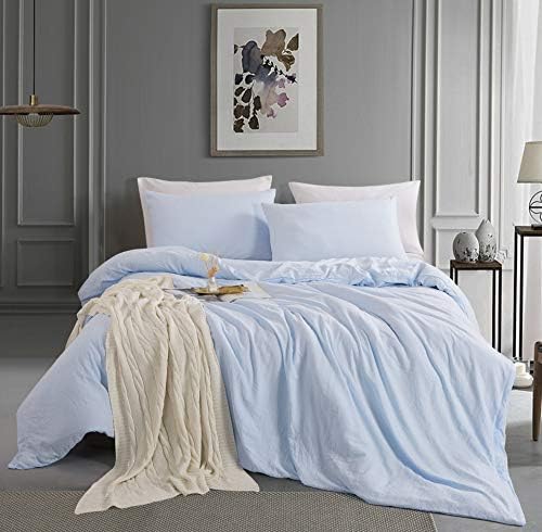 ALAZURIA Bedding Duvet Cover 3 Piece Set - Natural Wrinkled Style 100% Washed Microfiber, Ultra Soft, Breathable with Zipper Closure (1 Duvet Cover + 2 Pillow Cases) Amalfi Blue, Queen