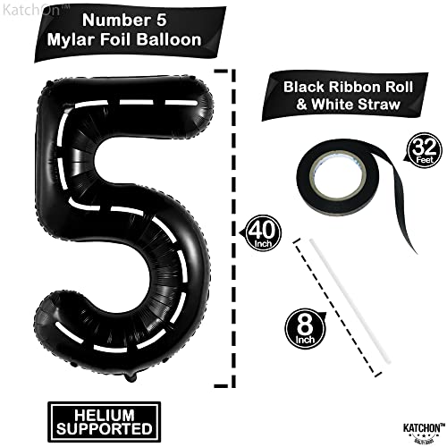 Image of KatchOn, Number 5 Race Car Black Balloon - Giant 40 Inch, Party Supplies, Hotwheel Birthday Decorations, Unisex, All Ages, 3 Pieces | Hotwheel Birthday Decorations, Unisex, All Ages, 5th Birthday Decorations for Boys, 5 Happy Anniversary Decorations