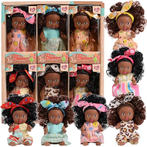dollbie Adorable 6 Pack African Girl Dolls - Posable 4-Inch African American Dolls with Curly Hair & Stylish Outfits