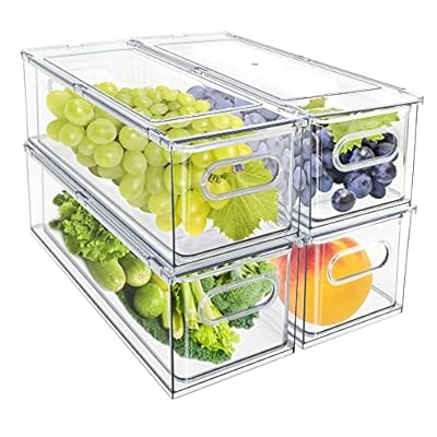 MineSign 4Pack Stackable Fridge Drawers Pull-out Storage Bins with Handle Clear Food Container for Refrigerator Plastic Dresser Organizer Fruit&Veggie Keeper for Freezer Cabinet Kitchen Organization