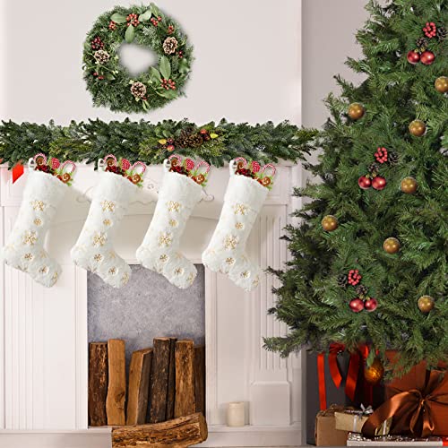 Deggod 2 Pack Snowy White Christmas Stockings With Faux Fur, Plush 22 Inches Xmas Stocking With Gold Embroidered Snowflake Hanging Ornaments For Home Xmas Party Decoration #TOP4