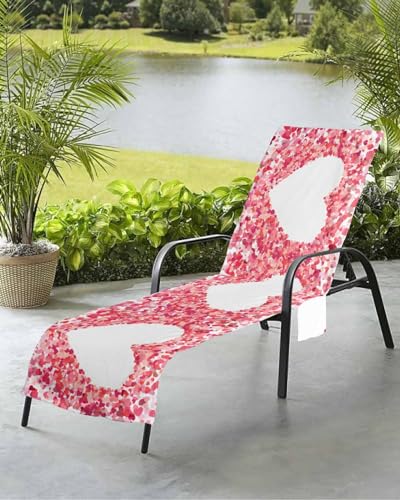 Colorful Love Beach Chair Towel Covers for Chaise Lounge with Side Pocket, Soft Plush Pool Towels Cover for Patio Sunbathing Outdoor 29''x85'' Valentine's Day Minimalist Heart