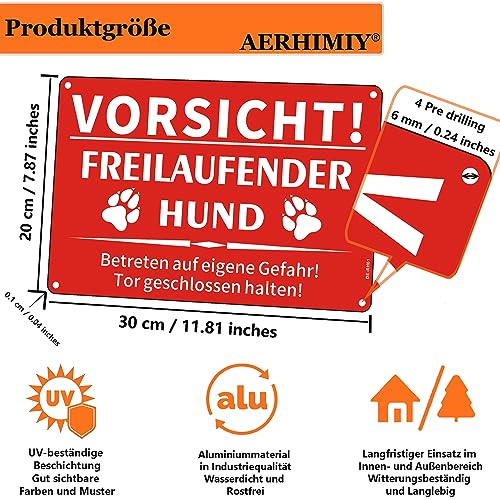 Vorsicht Hund Schild Aluminium Reflektierend 20×30cm, Freilaufender Hund Schild Metall, UV-Schutz, Wasserfest, Mit Bohrlöcher, Rot