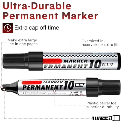 Image of Thenshop 48 Pcs Jumbo Size Permanent Markers Bulk Waterproof Chisel Tip Marker Pens for Industrial Use Work on Wood Metal Plastic Stone Glass(Black)