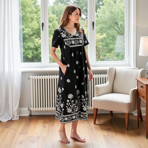 Loungees Short Sleeve Black Monotone Lounger House Dress Caftan - 3 Button Bib Yoke and Pockets3