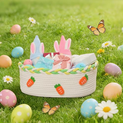 Image of Mothers Day Gifts Basket for Mom Wife Women Her Small Woven Gift Baskets Empty with Cellophane Bags and Ribbons, Nursery Chest Box Cotton Rope Shelf Storage Basket with Handles, 14.2 inchx 9.8 inchx 5.1 inch