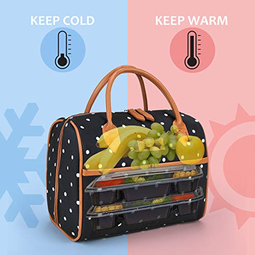 Tirrinia Insulated Lunch Tote Bag For Women W/Leather Handle, Fashionable Lunch Box For Men, Reusable Large Cooler Lunch Bag For Working/Picnic - Black Dot #TOP6