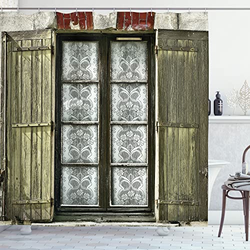 Ambesonne Country Shower Curtain, European French Window and Brick with