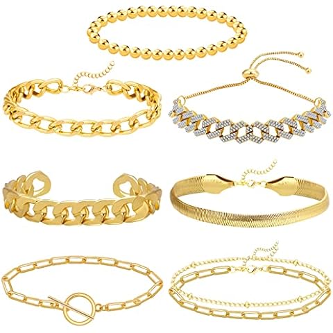 ONESING 7Pcs Gold Bracelets for Women Bracelet Set Gold Chain Bracelet Women Beaded Bracelets for Women Adjustable Chain, no gemstone Cover