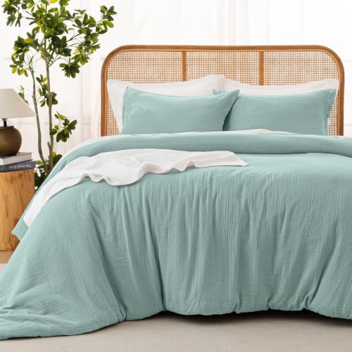 Image of David's Home Cotton Muslin Comforter Set Twin Size, 100% Cotton Cover Ultra-Soft Breathable Skin-Friendly for Spring Summer, 2PCS Linen Like Gauze Bedding Set with Polyester Filling, Teal Blue