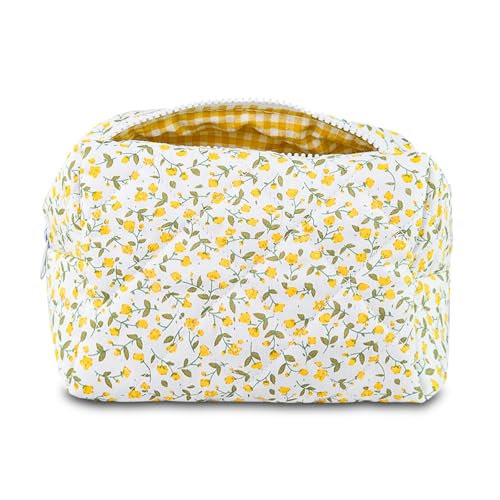 AMZMA Quilted Makeup Pouch,Cotton Puffy Makeup Bag, Coquette Cosmetic Bag for Women and Girls, Aesthetic Organizer Bag, Cute Flower Travel Toiletry Bag